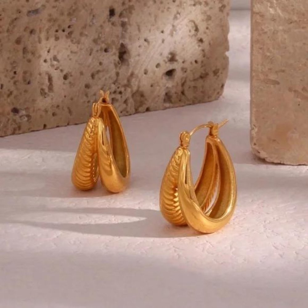 18K Gold Double Layer Twist U Shape Hoop Earrings, NICE EARRINGS, CUTE EARRINGS - Picture 5 of 7